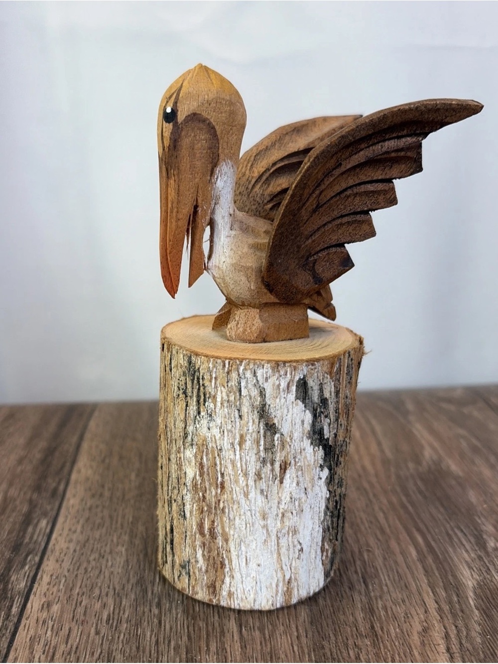 Vintage 5" Hand Carved Wooden Pelican Bird on Stump Seaside Nautical